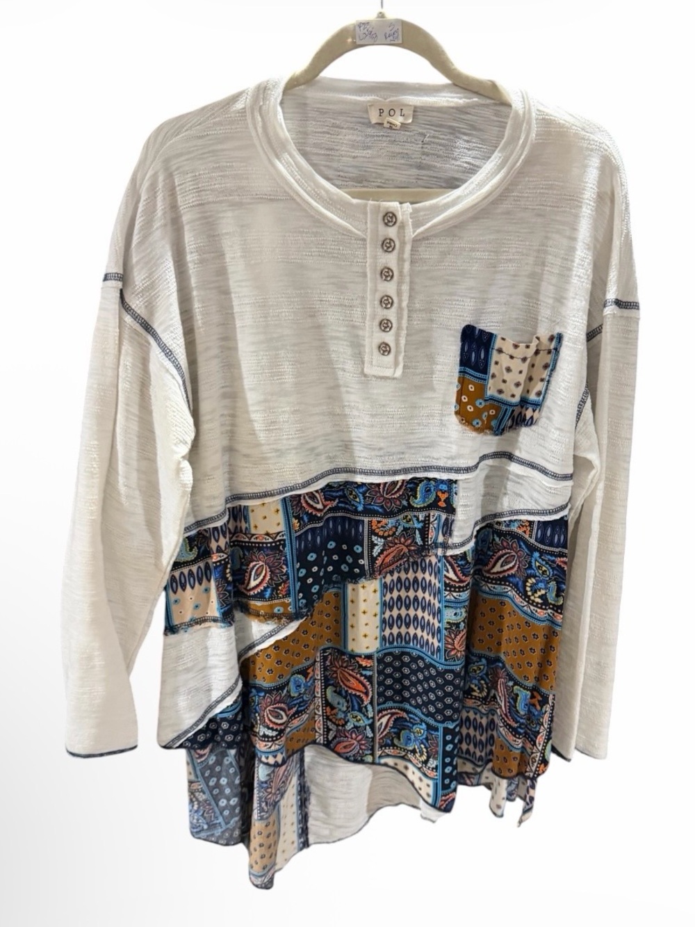 POL Mixed-Print Patchwork Henley Hi-Low Top in White & Blue